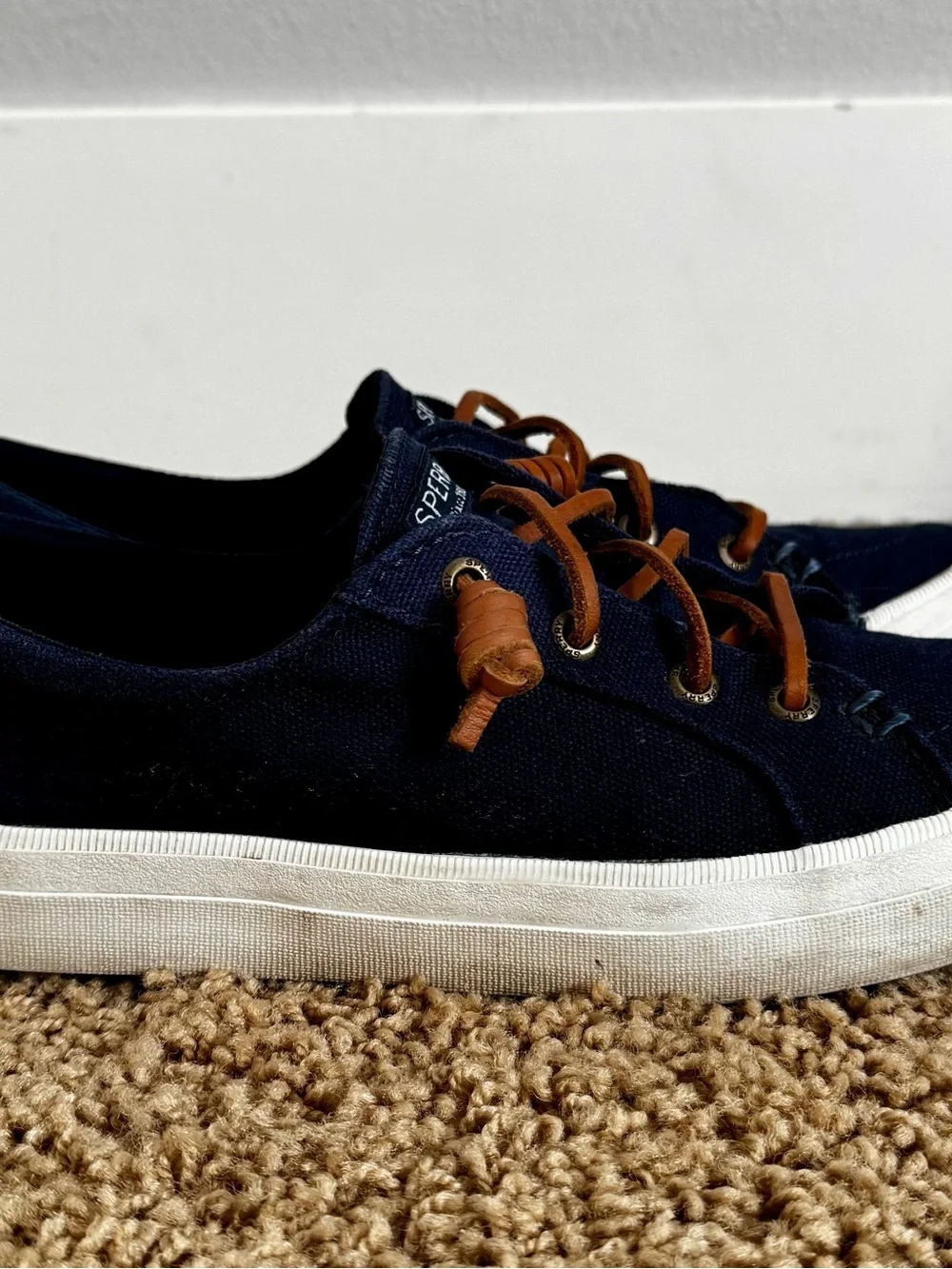 Sperry Navy Canvas Boat Sneaker with Tan Laces